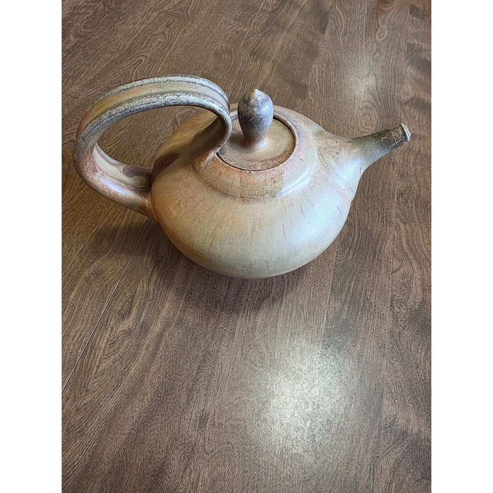 Handcrafted Studio Pottery Teapot Signed Earthy Tan Brown Glaze Bridge Handle